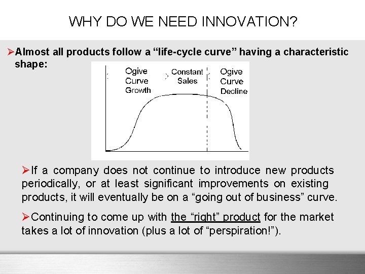 WHY DO WE NEED INNOVATION? ØAlmost all products follow a “life-cycle curve” having a