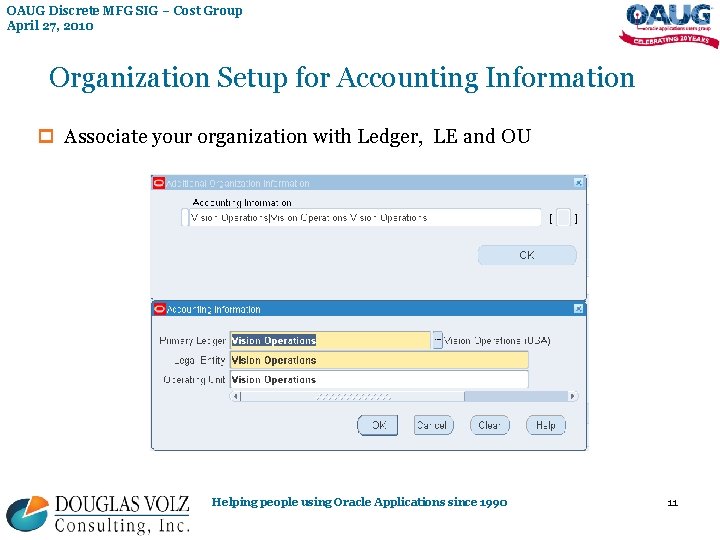 OAUG Discrete MFG SIG – Cost Group April 27, 2010 Organization Setup for Accounting