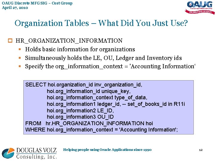 OAUG Discrete MFG SIG – Cost Group April 27, 2010 Organization Tables – What