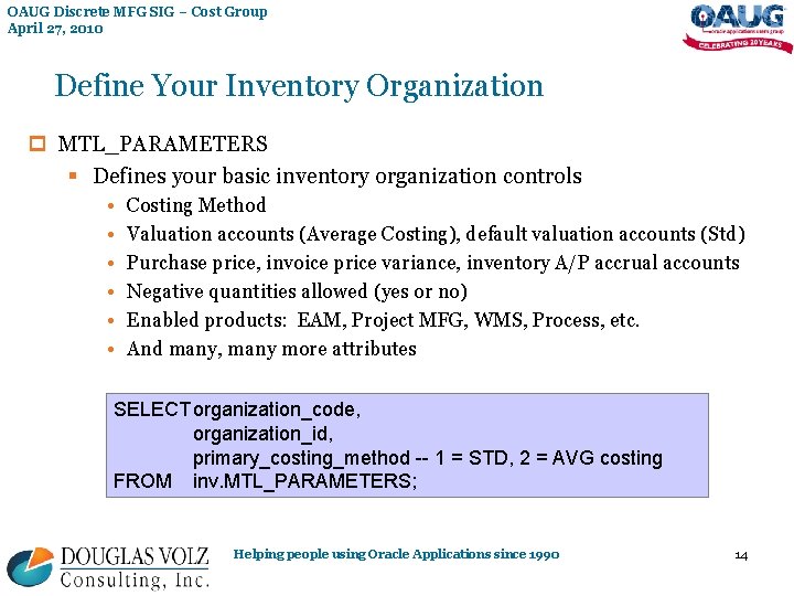 OAUG Discrete MFG SIG – Cost Group April 27, 2010 Define Your Inventory Organization