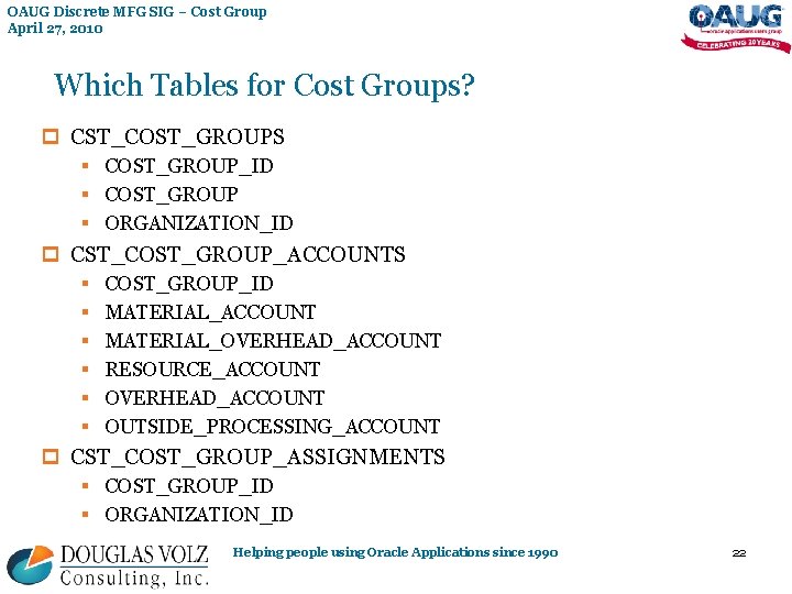 OAUG Discrete MFG SIG – Cost Group April 27, 2010 Which Tables for Cost