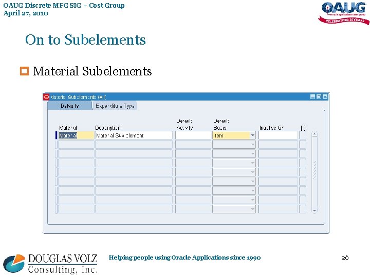 OAUG Discrete MFG SIG – Cost Group April 27, 2010 On to Subelements p