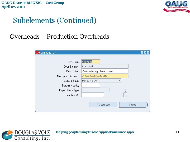 OAUG Discrete MFG SIG – Cost Group April 27, 2010 Subelements (Continued) Overheads –