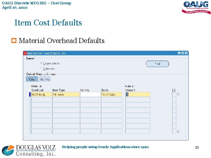 OAUG Discrete MFG SIG – Cost Group April 27, 2010 Item Cost Defaults p