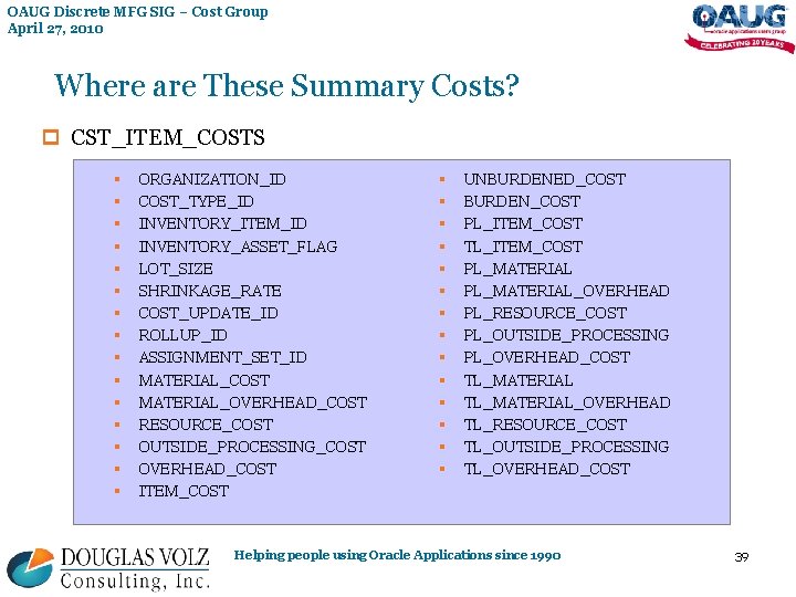 OAUG Discrete MFG SIG – Cost Group April 27, 2010 Where are These Summary