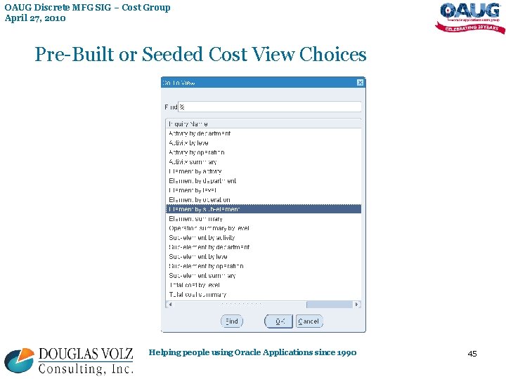 OAUG Discrete MFG SIG – Cost Group April 27, 2010 Pre-Built or Seeded Cost