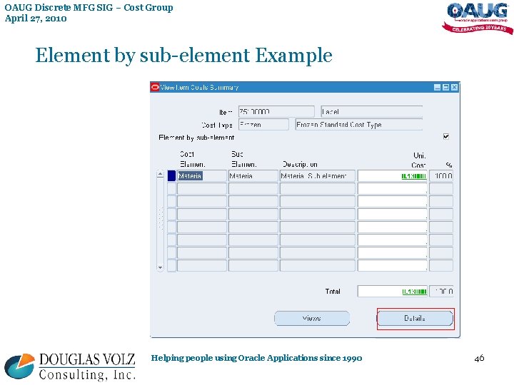 OAUG Discrete MFG SIG – Cost Group April 27, 2010 Element by sub-element Example