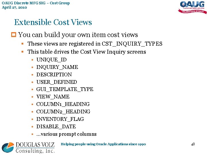 OAUG Discrete MFG SIG – Cost Group April 27, 2010 Extensible Cost Views p