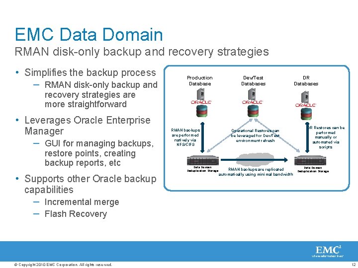 EMC Data Domain RMAN disk-only backup and recovery strategies • Simplifies the backup process