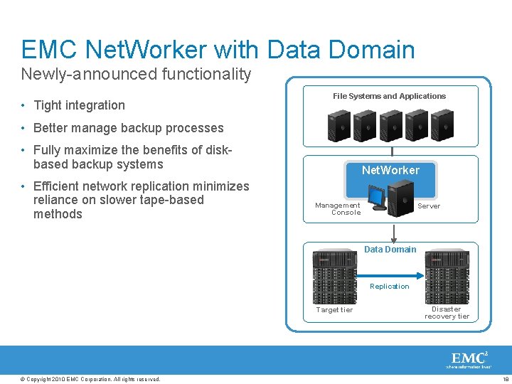 EMC Net. Worker with Data Domain Newly-announced functionality • Tight integration File Systems and