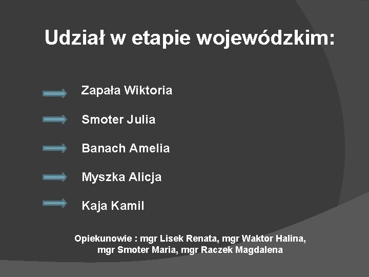 Udział w etapie wojewódzkim: Zapała Wiktoria Smoter Julia Banach Amelia Myszka Alicja Kamil Opiekunowie