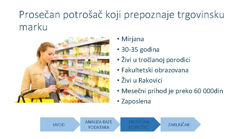 Prosečan potrošač koji prepoznaje trgovinsku marku • Mirjana • 30 -35 godina • Živi Prosečan potrošač koji prepoznaje trgovinsku marku • Mirjana • 30 -35 godina • Živi