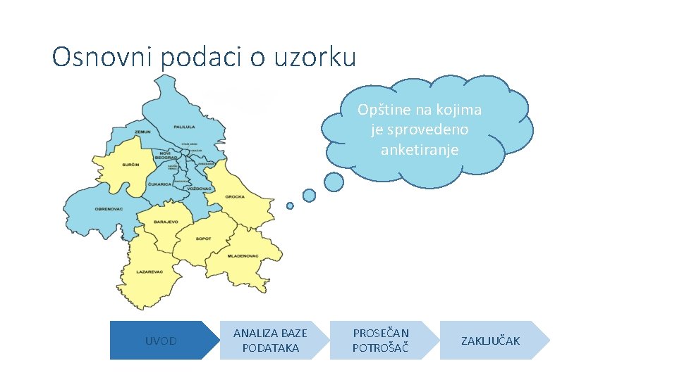 Osnovni podaci o uzorku Opštine na kojima je sprovedeno anketiranje UVOD ANALIZA BAZE PODATAKA Osnovni podaci o uzorku Opštine na kojima je sprovedeno anketiranje UVOD ANALIZA BAZE PODATAKA