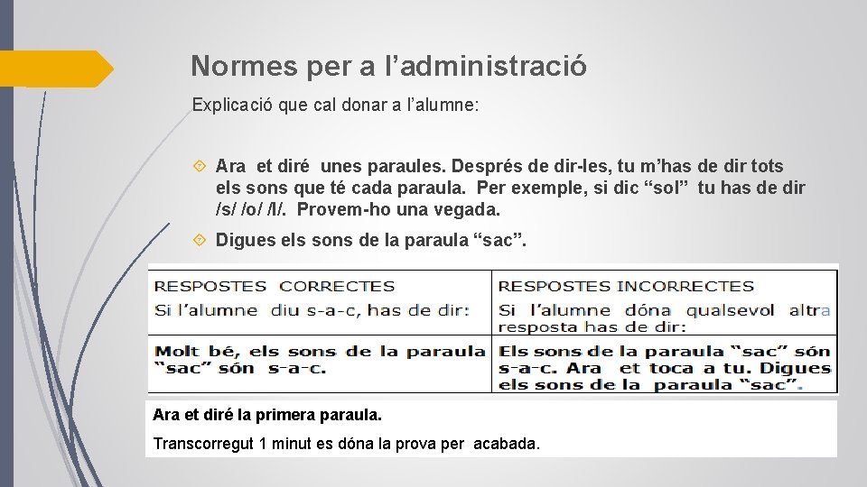 Normes per a l’administració Explicació que cal donar a l’alumne: Ara et diré unes