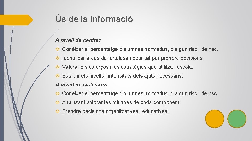 Ús de la informació A nivell de centre: Conèixer el percentatge d’alumnes normatius, d’algun