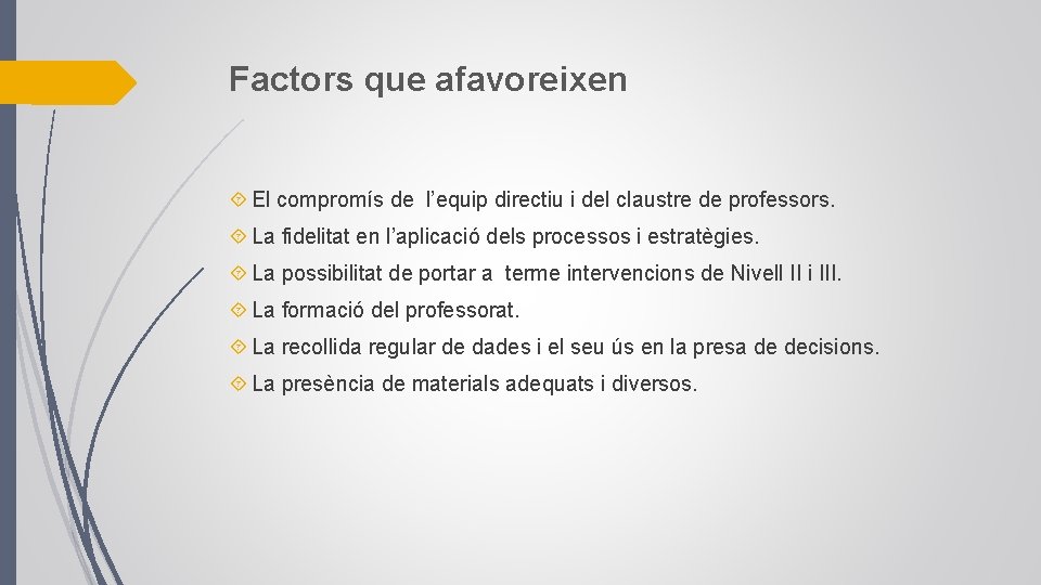 Factors que afavoreixen El compromís de l’equip directiu i del claustre de professors. La