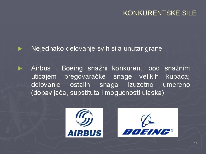 KONKURENTSKE SILE ► Nejednako delovanje svih sila unutar grane ► Airbus i Boeing snažni