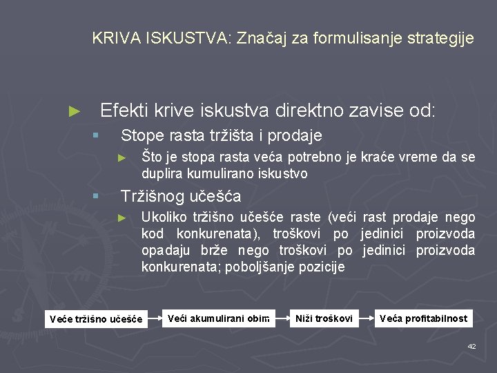 KRIVA ISKUSTVA: Značaj za formulisanje strategije ► Efekti krive iskustva direktno zavise od: §