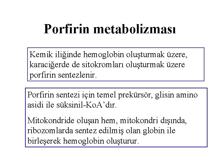 Porfirin metabolizması Kemik iliğinde hemoglobin oluşturmak üzere, karaciğerde de sitokromları oluşturmak üzere porfirin sentezlenir.