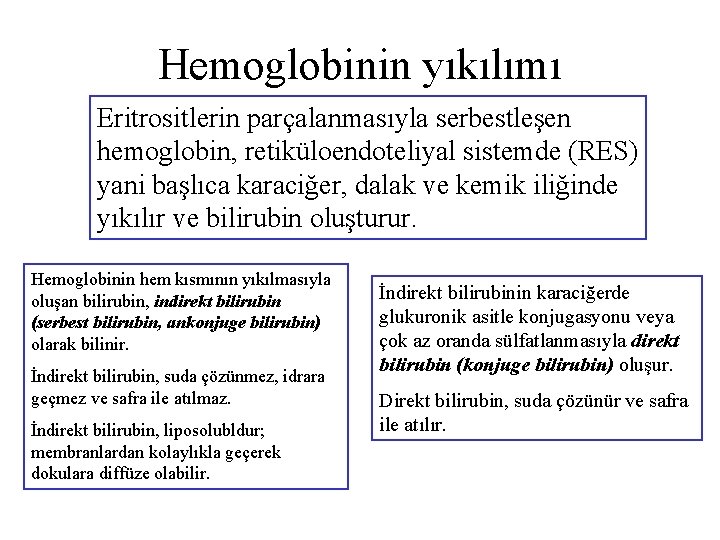 Hemoglobinin yıkılımı Eritrositlerin parçalanmasıyla serbestleşen hemoglobin, retiküloendoteliyal sistemde (RES) yani başlıca karaciğer, dalak ve