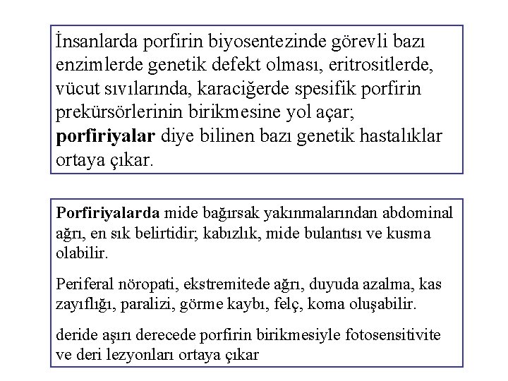 İnsanlarda porfirin biyosentezinde görevli bazı enzimlerde genetik defekt olması, eritrositlerde, vücut sıvılarında, karaciğerde spesifik
