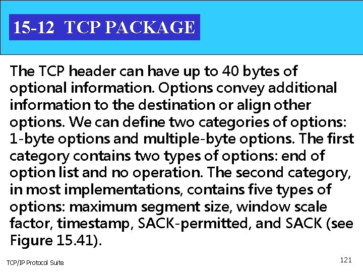 15 -12 TCP PACKAGE The TCP header can have up to 40 bytes of