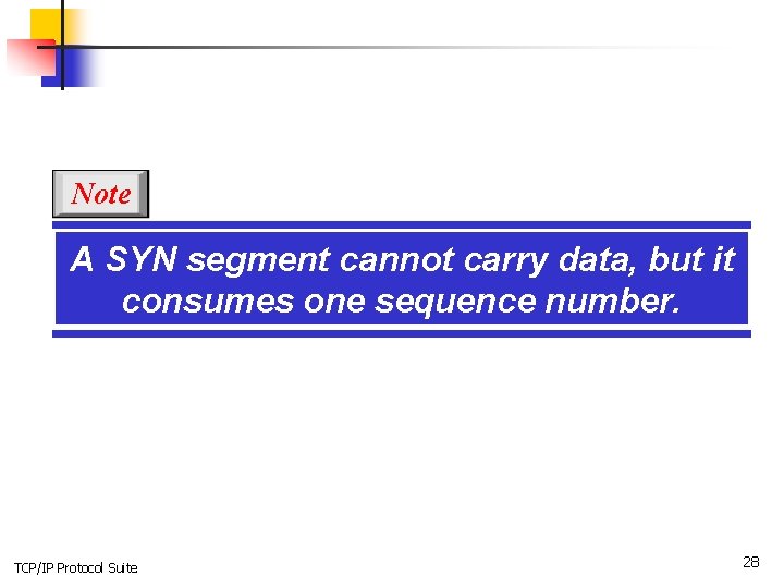 Note A SYN segment cannot carry data, but it consumes one sequence number. TCP/IP