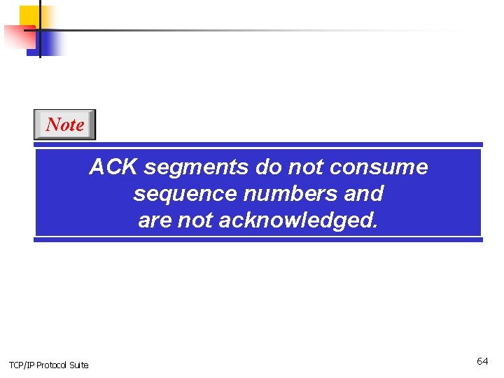 Note ACK segments do not consume sequence numbers and are not acknowledged. TCP/IP Protocol