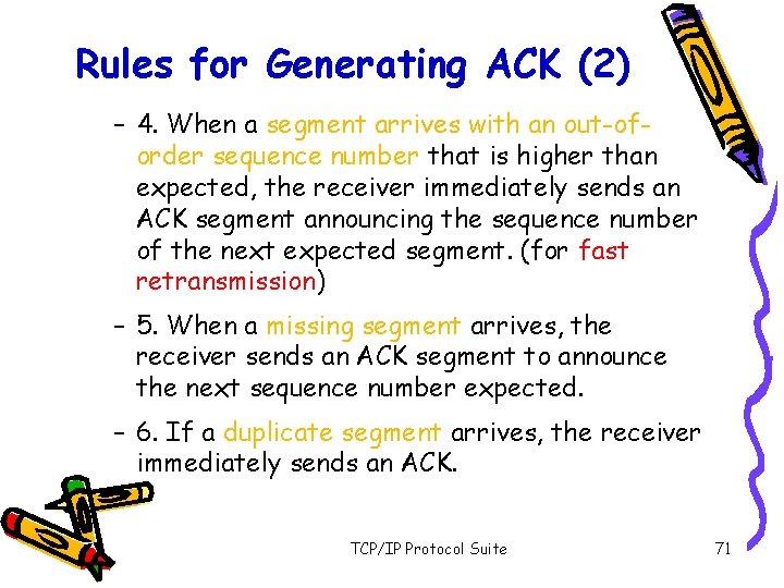 Rules for Generating ACK (2) – 4. When a segment arrives with an out-oforder