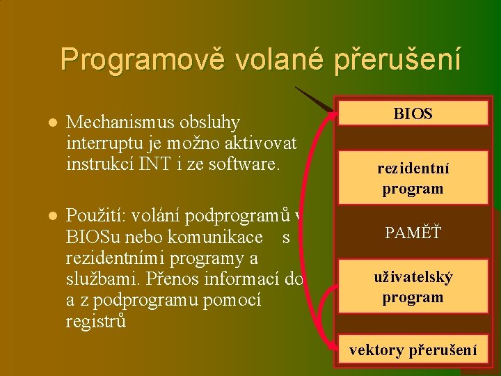 Programově volané přerušení l l Mechanismus obsluhy interruptu je možno aktivovat instrukcí INT i