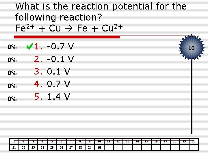 What is the reaction potential for the following reaction? Fe 2+ + Cu Fe