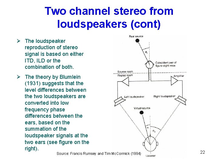 Two channel stereo from loudspeakers (cont) Ø The loudspeaker reproduction of stereo signal is Two channel stereo from loudspeakers (cont) Ø The loudspeaker reproduction of stereo signal is