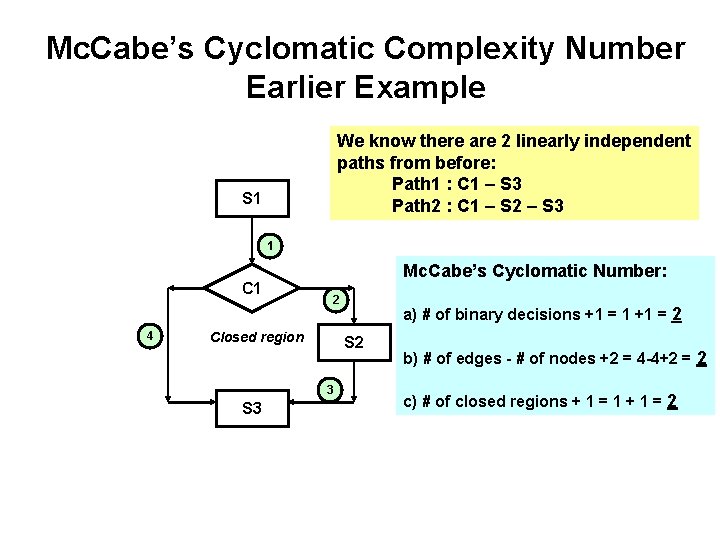 Mc. Cabe’s Cyclomatic Complexity Number Earlier Example We know there are 2 linearly independent