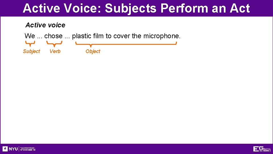 Active Voice: Subjects Perform an Active voice We. . . chose. . . plastic