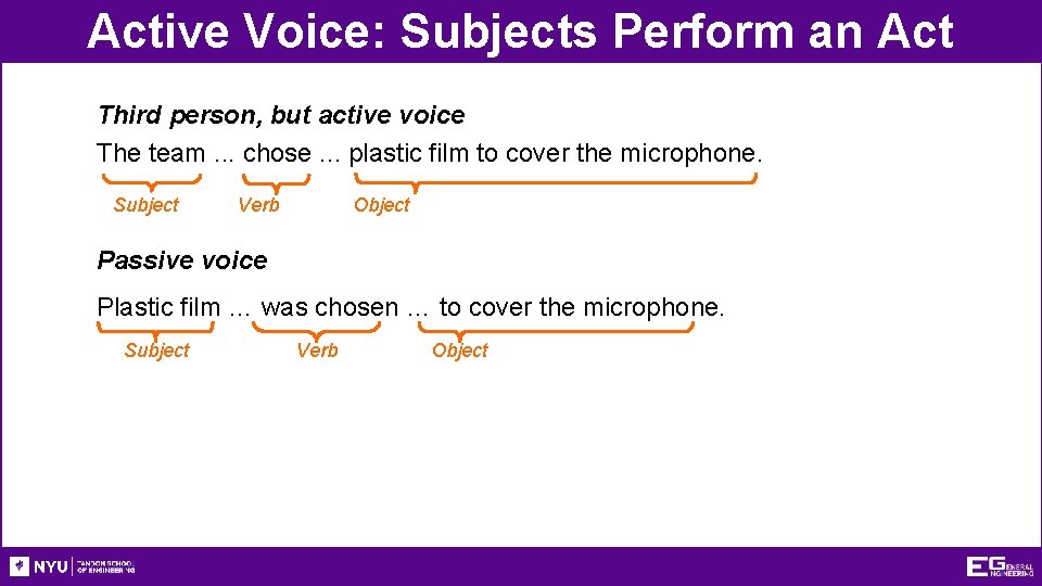 Active Voice: Subjects Perform an Act Third person, but active voice The team. .