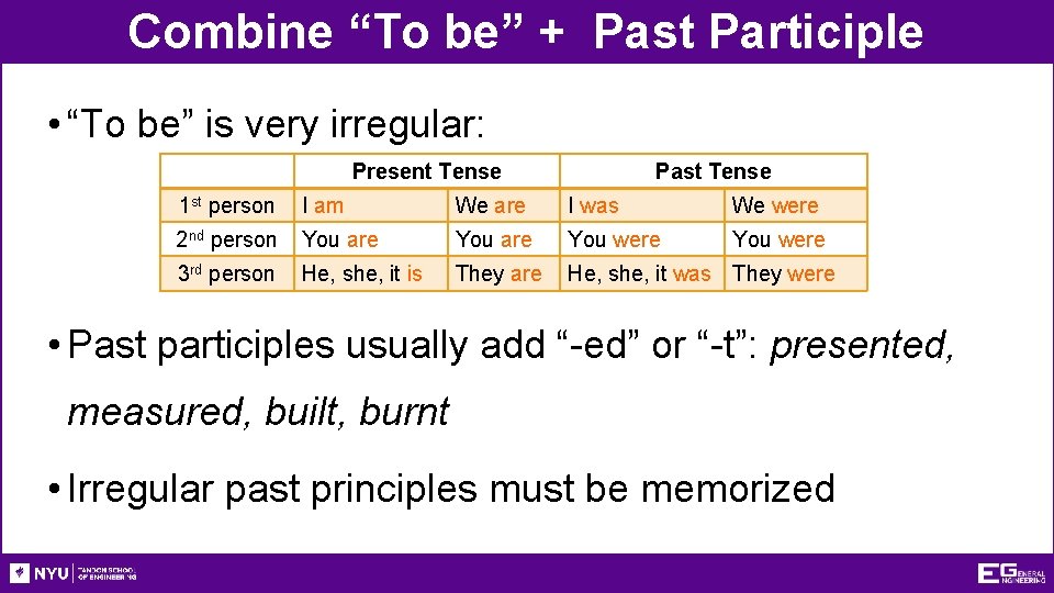 Combine “To be” + Past Participle • “To be” is very irregular: Present Tense