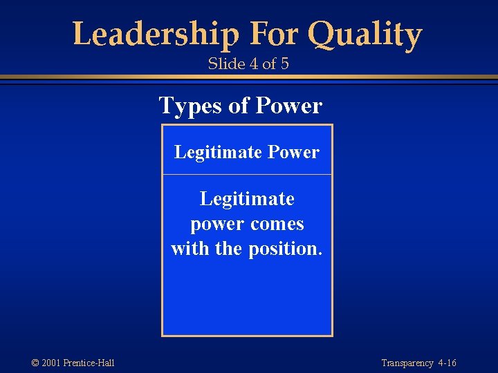 Leadership For Quality Slide 4 of 5 Types of Power Legitimate power comes with Leadership For Quality Slide 4 of 5 Types of Power Legitimate power comes with