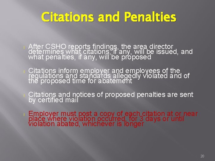Citations and Penalties l l After CSHO reports findings, the area director determines what