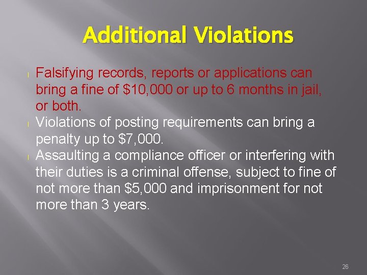 Additional Violations l l l Falsifying records, reports or applications can bring a fine