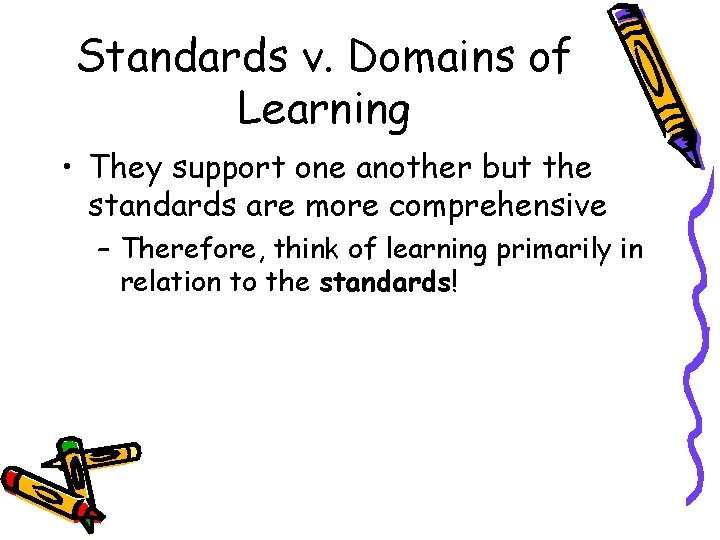 Standards v. Domains of Learning • They support one another but the standards are Standards v. Domains of Learning • They support one another but the standards are