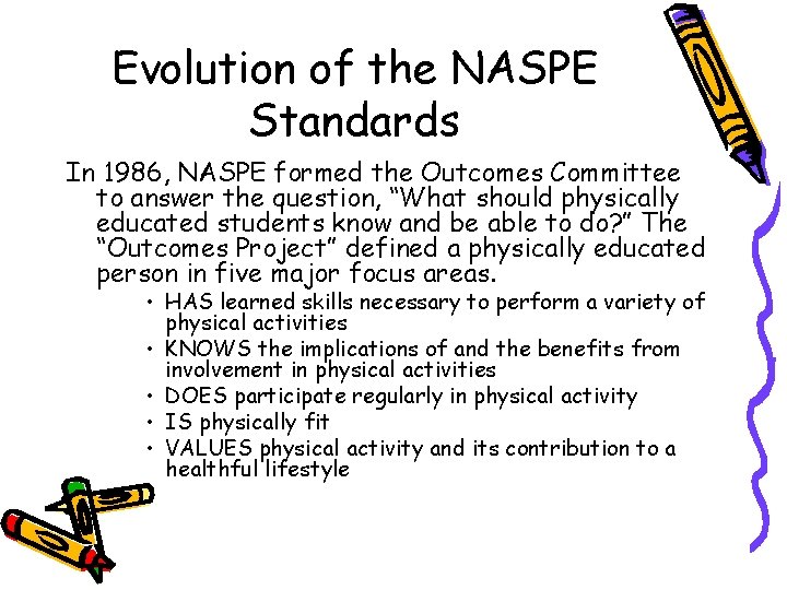 Evolution of the NASPE Standards In 1986, NASPE formed the Outcomes Committee to answer Evolution of the NASPE Standards In 1986, NASPE formed the Outcomes Committee to answer