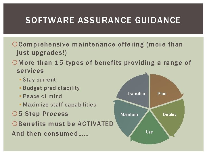 SOFTWARE ASSURANCE GUIDANCE Comprehensive maintenance offering (more than just upgrades!) More than 15 types