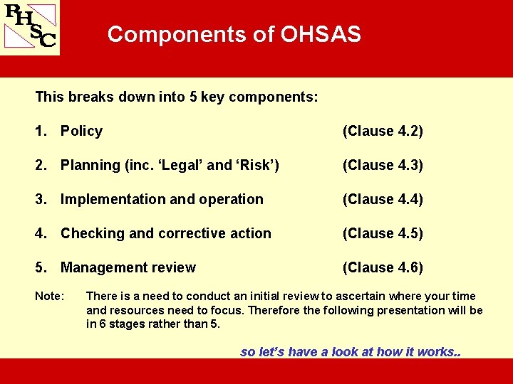 Components of OHSAS This breaks down into 5 key components: 1. Policy (Clause 4.