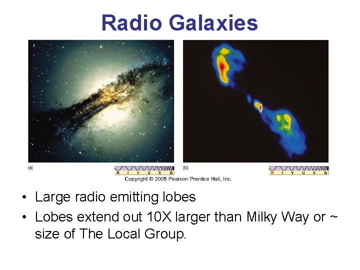 Radio Galaxies • Large radio emitting lobes • Lobes extend out 10 X larger