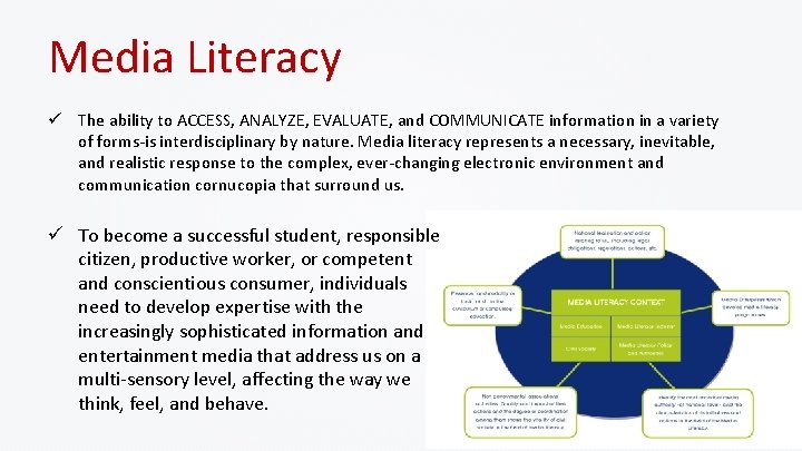 Media Literacy ü The ability to ACCESS, ANALYZE, EVALUATE, and COMMUNICATE information in a