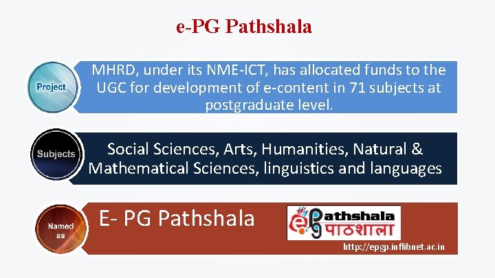 e-PG Pathshala MHRD, under its NME-ICT, has allocated funds to the UGC for development