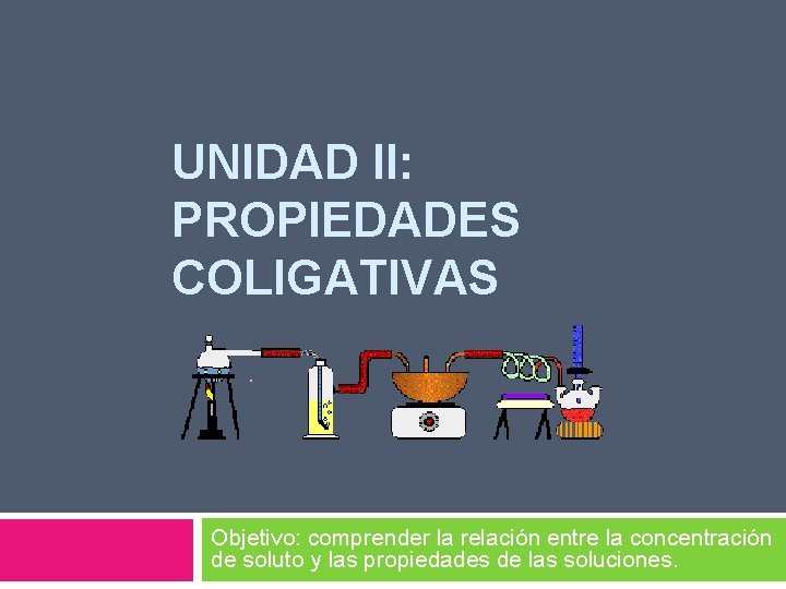 UNIDAD II: PROPIEDADES COLIGATIVAS Objetivo: comprender la relación entre la concentración de soluto y