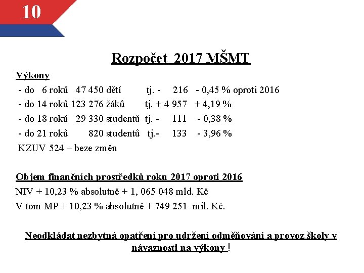 10 Rozpočet 2017 MŠMT Výkony - do 6 roků 47 450 dětí - do