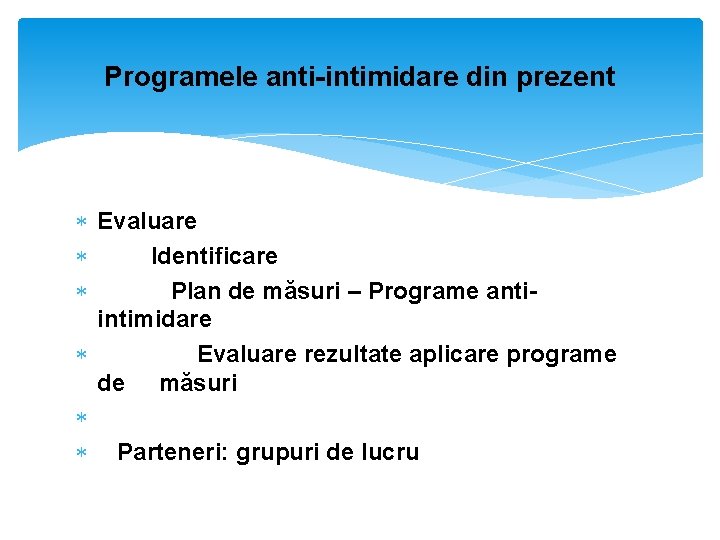 Programele anti-intimidare din prezent Evaluare Identificare Plan de măsuri – Programe antiintimidare Evaluare rezultate