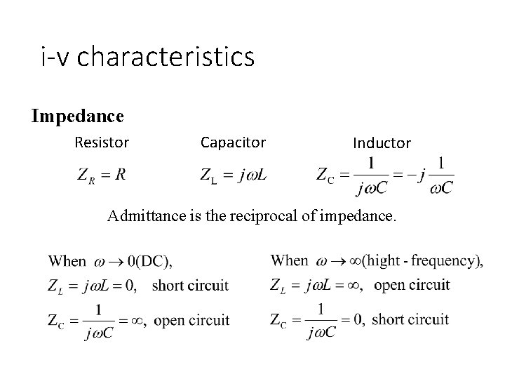 i-v characteristics Impedance Resistor Capacitor Inductor Admittance is the reciprocal of impedance. 